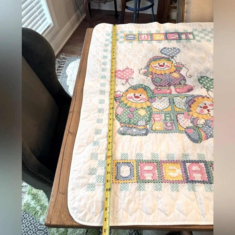 Vintage Clown Cross Stitched Baby Quilt. Blanket| Sweet Dreams |Pastel 39.5x28.5